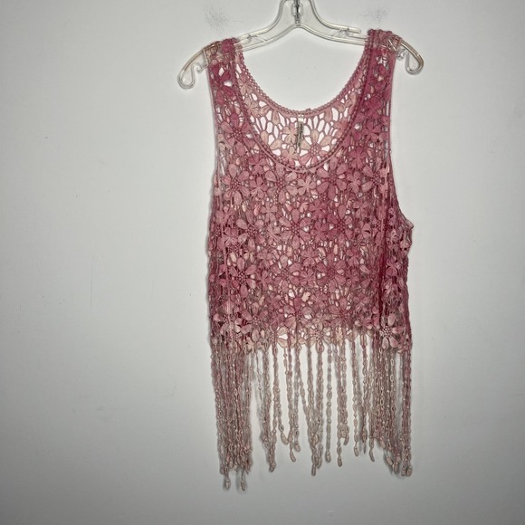 INDIA Tank Top Womens One Size Pink Crochet Fringe Floral Boho Festival Cropped - Picture 4 of 13